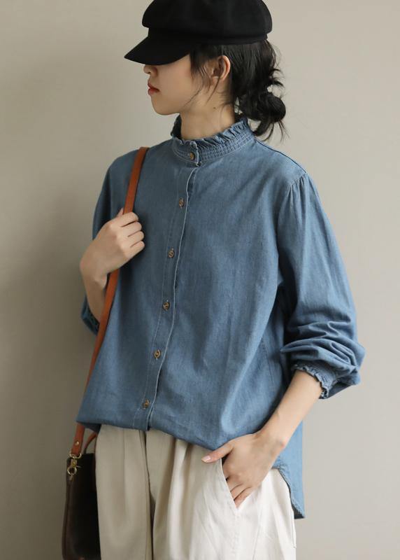 DIY stand collar Button Down top Fashion Ideas blue blouses