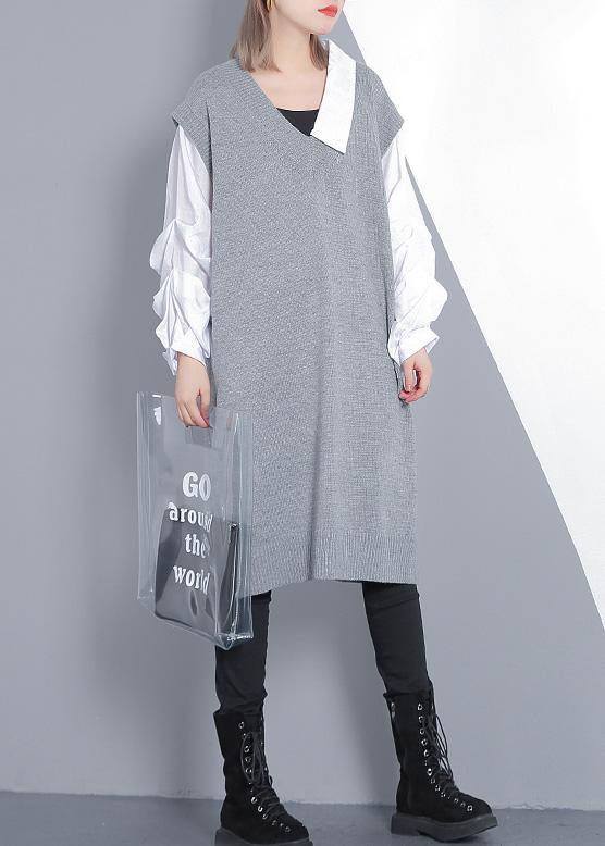 Women gray Sweater dress outfit Design Funny v neck knitted tops