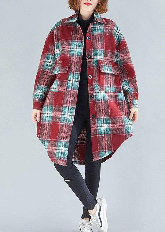 Women red green plaid cotton tops women lapel Button tunic blouse