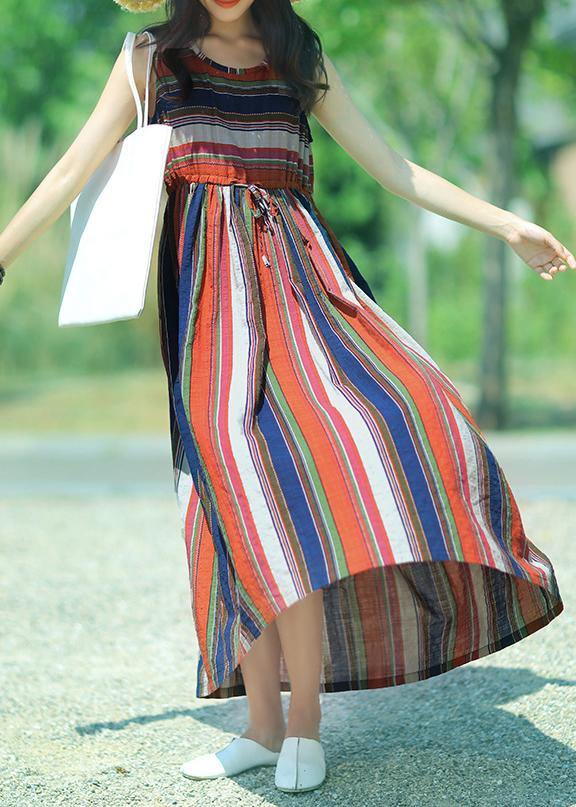 Modern multicolor striped linen dress o neck drawstring A Line summer Dresses