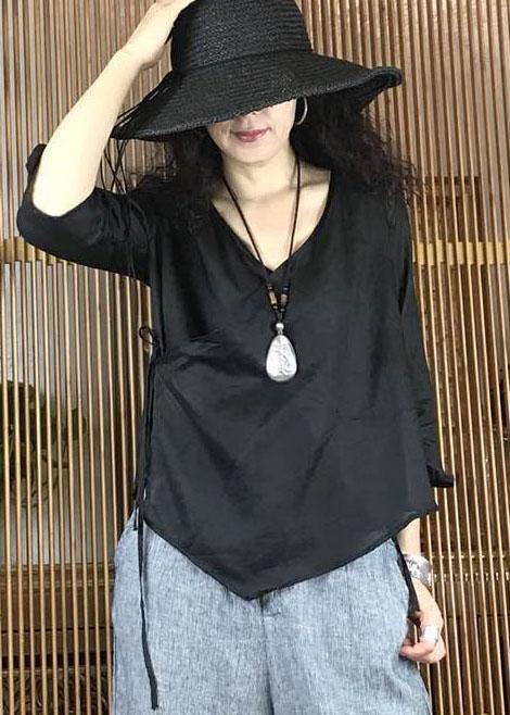 Simple black v neck linen shirts women asymmetric hem Plus Size Clothing fall shirts