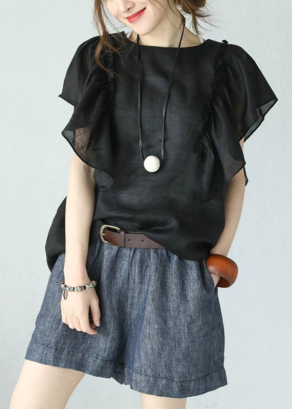 Bohemian black linen tops women o neck ruffles sleeve blouses