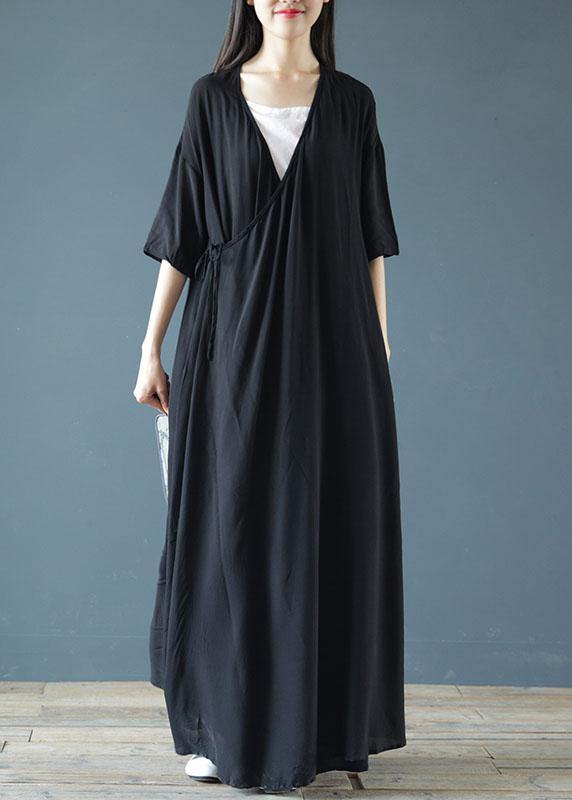 Women v neck asymmetric cotton summer Tunics pattern black Maxi Dresses