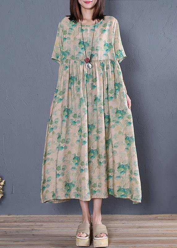 Classy green print cotton tunic dresso neck Cinched Dresses