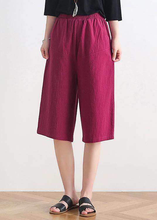 Women's summer new loose high waist five points wide leg pants linen burgundy straight shorts