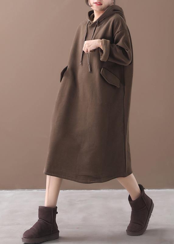 Italian winter cotton hooded tunics for women linen chocolate long Dress