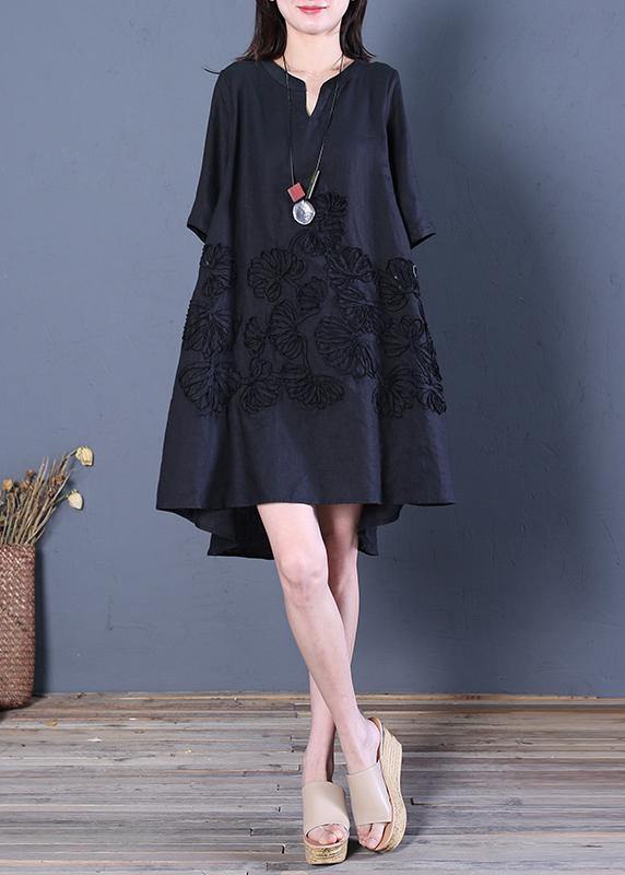 Beautiful black linen dress v neck low high design cotton summer Dress