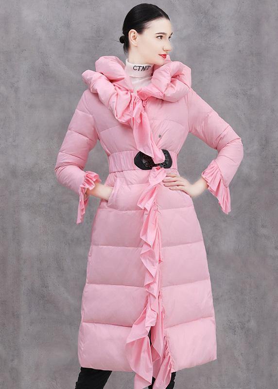 Elegant casual winter jacket ruffles Jackets pink tie waist duck down coat