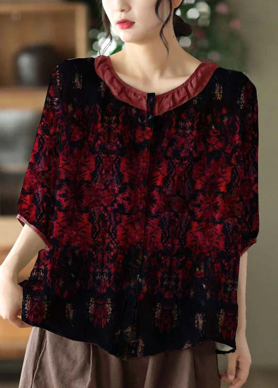 Simple Reddish black O Neck Patchwork Print Linen Shirt Tops Half Sleeve