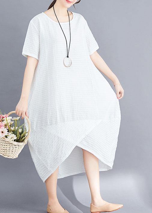 Classy asymmetric patchwork cotton tunic top pattern white o neck long Dresses summer