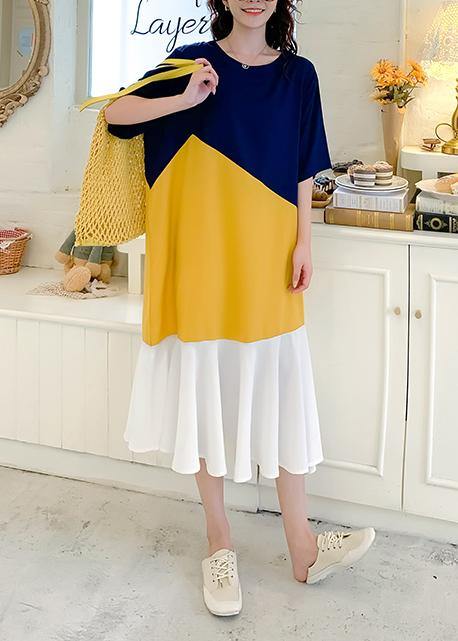 DIY yellow patchwork cotton clothes Women o neck Ruffles Plus Size Dresses