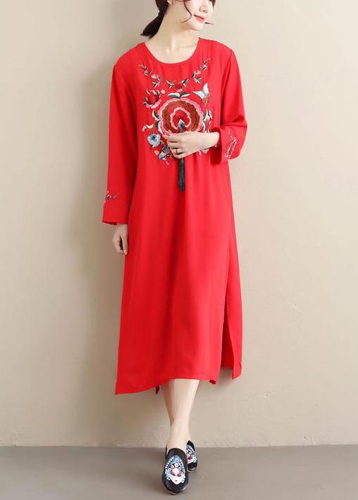 Chic O Neck Tassel Spring Tunics Outfits Red Embroidery A Line Dresses