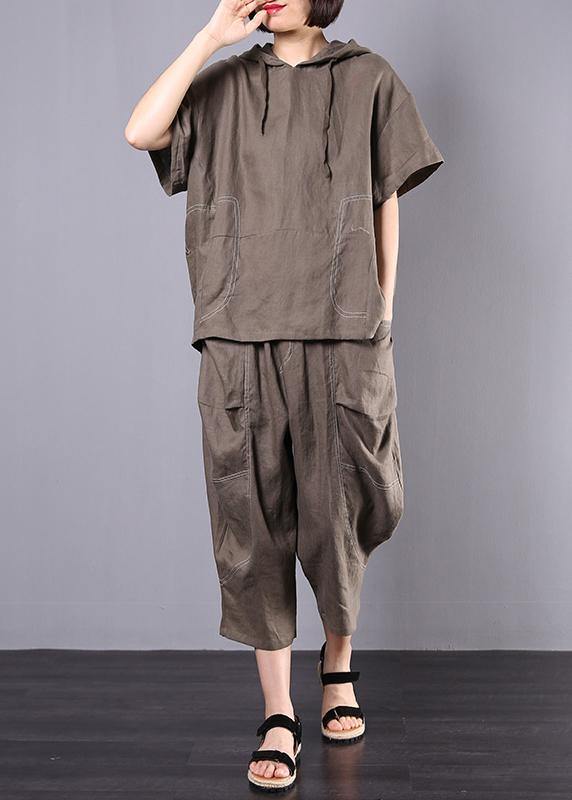 2019 gray cotton linen loose hooded tops and women harem pants two pieces