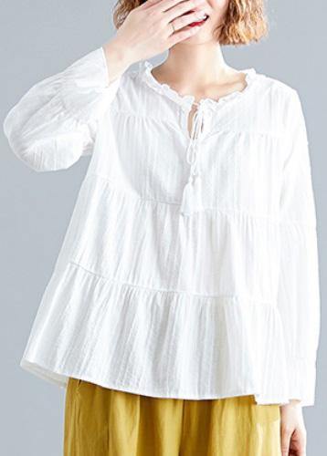 Italian white v neck cotton linen tops women blouses patchwork daily fall blouse