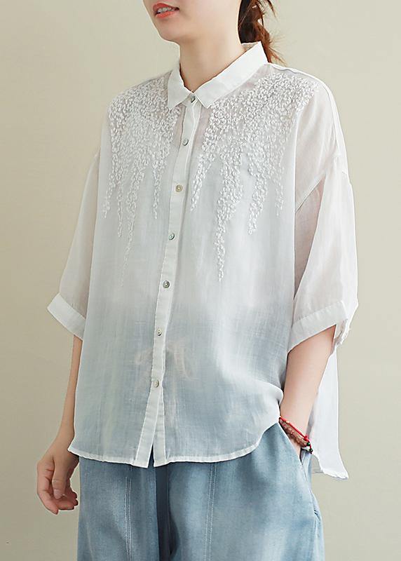 Loose white embroidery linen tops women blouses lapel half sleeve oversized top