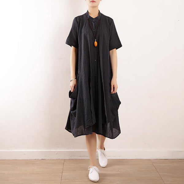 Chic stand collar pockets cotton linen v neck quilting dresses Tunic Tops black striped Dresses
