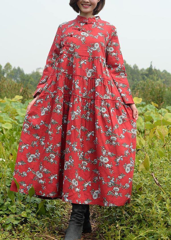 Women Stand Collar large hem Spring Clothes Red Print Long Dresses