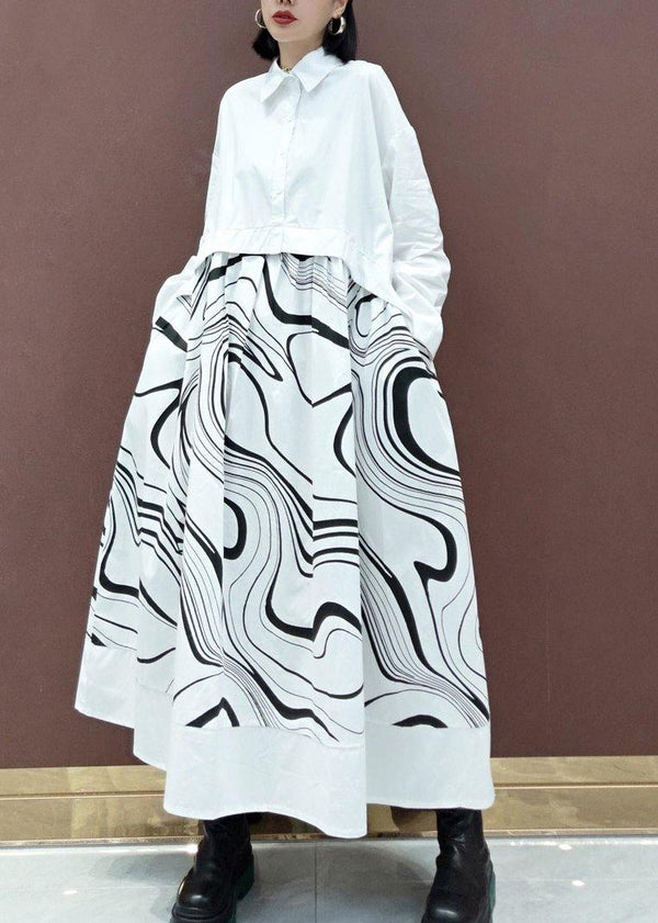 DIY White Print Clothes Lapel Patchwork Maxi Spring Dresses