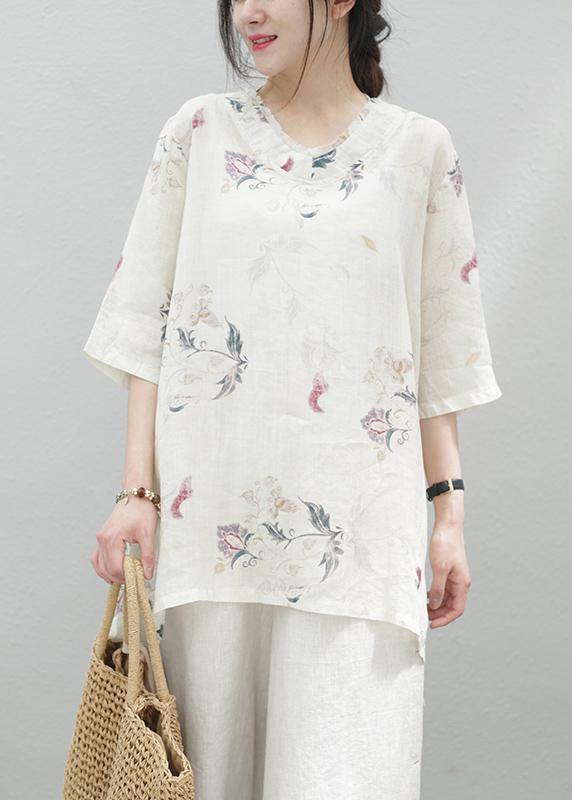 Modern beige print linen tunics for women v neck half sleeve baggy summer blouse