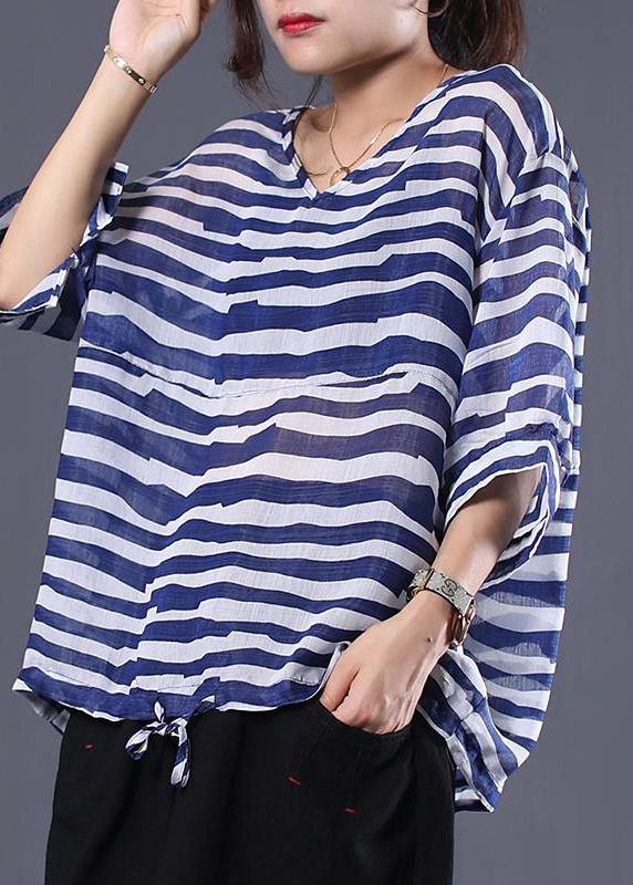 Art cotton shirts women plus size Adjustable Waist Stripes Casual Loose Blouse