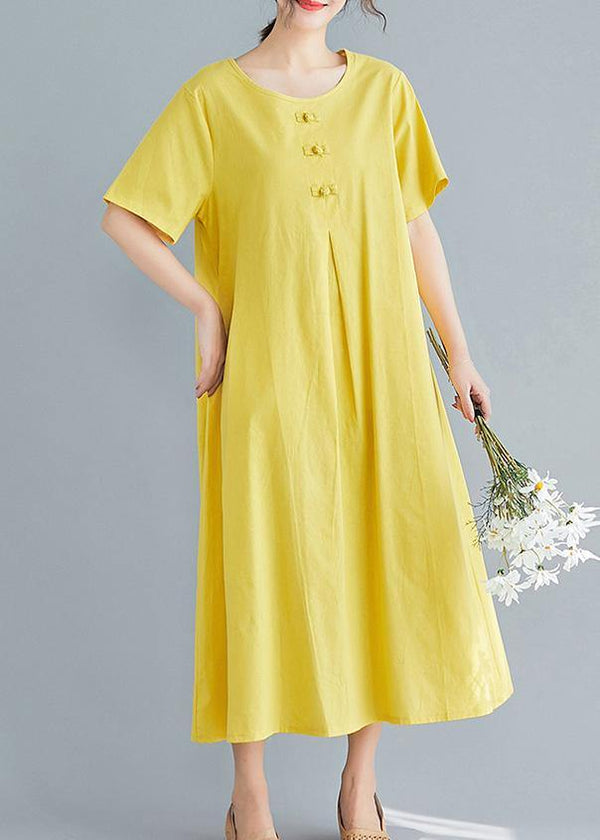Beautiful yellow solid color cotton tunics for women o neck long summer Dress