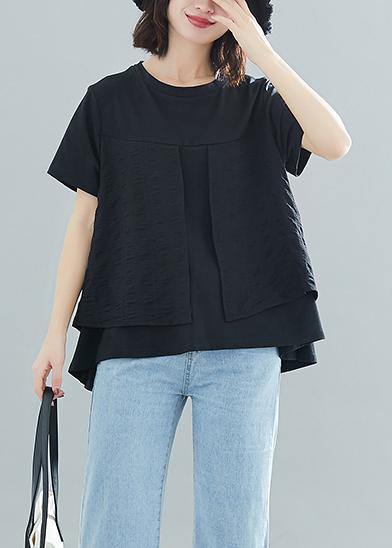 Modern o neck patchwork cotton clothes For Women Vintage design black loose blouses Summer