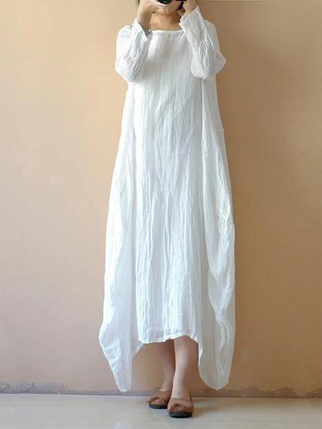 Classy white cotton clothes Women o neck asymmetric Plus Size spring Dresses