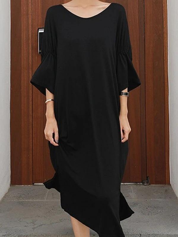 Women black cotton dresses o neck Cinched Kaftan summer Dresses