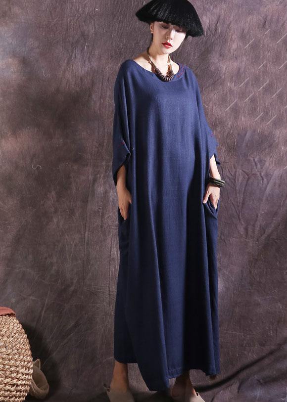 DIY blue loose waist linen cotton clothes For Women Batwing Sleeve long summer Dresses