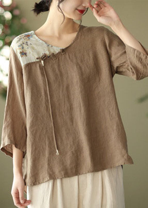 Chocolate Print Linen Shirt Tops Asymmetrical Tassel Bracelet Sleeve