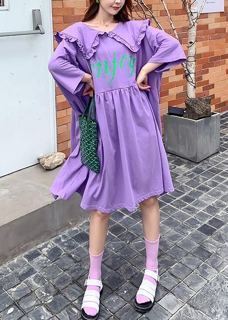 Women Ruffled Batwing Sleeve dress purple Letter Dresses