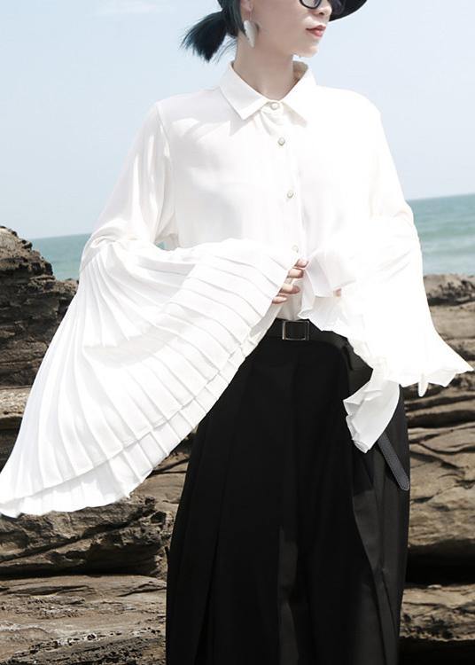 Chic white chiffon clothes For Women pleated sleeve loose lapel collar blouse