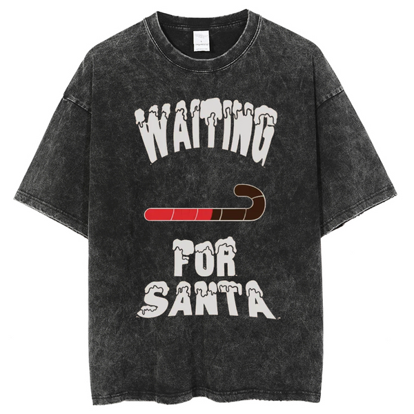 Unisex Waiting For Santa Printed Retro Washed Short Sleeved T-Shirt
