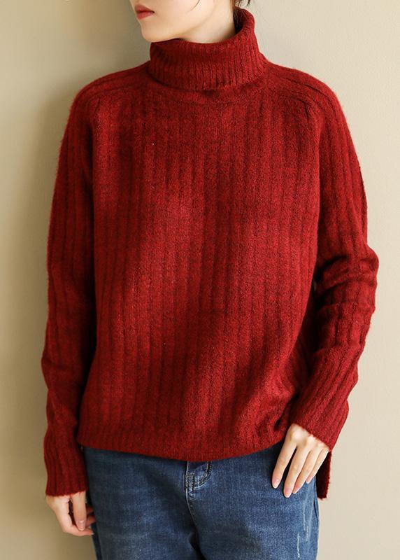 Comfy spring red knit tops fall fashion high neck knit blouse