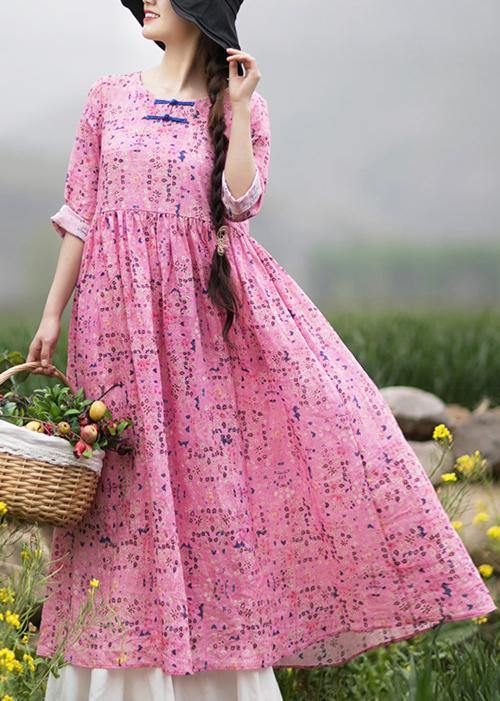 Style Pink Print Dresses O Neck Chinese Button Traveling Spring Dresses