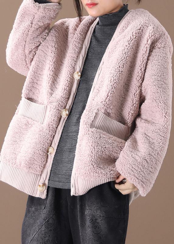 Warm oversized warm winter coat outwear pink v neck thick winter jacket