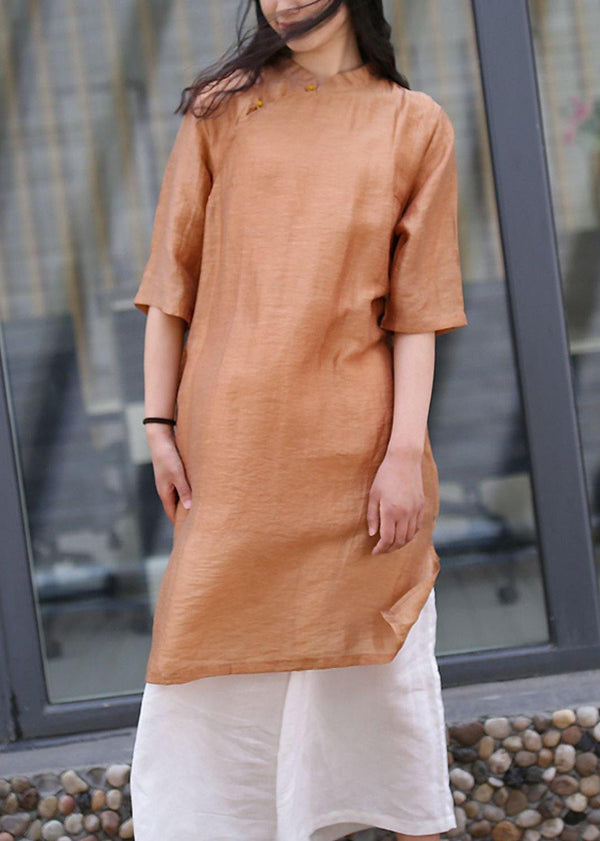 Women brown linen outfit stand collar side open Art Dress