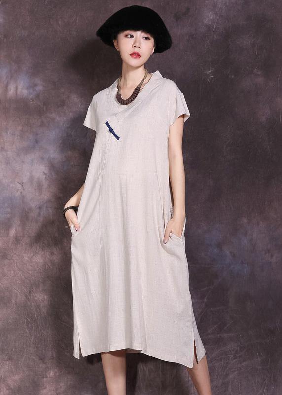 Women nude v neck linen dress side open Plus Size summer Dresses