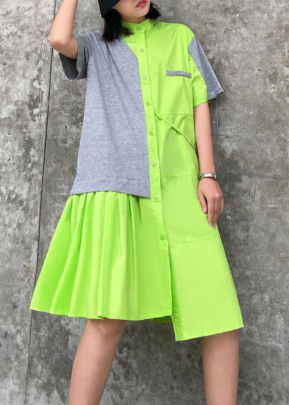 Chic stand collar patchwork Cotton clothes For Women green Dresses