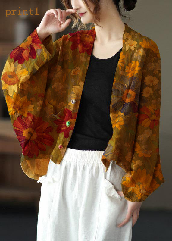 Fine Yellow-red flower Bat wing Sleeve Pockets Coat Short