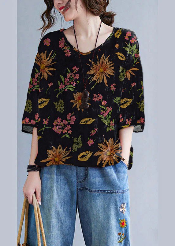 Boho Black-floral V Neck Patchwork Loose drawstring Fall Blouses Half Sleeve