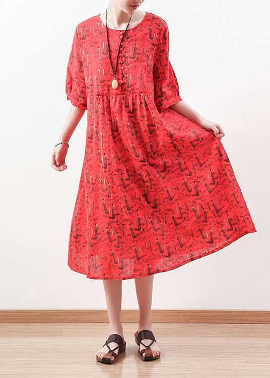 French half sleeve cotton linen clothes For Women pattern red Dress summer