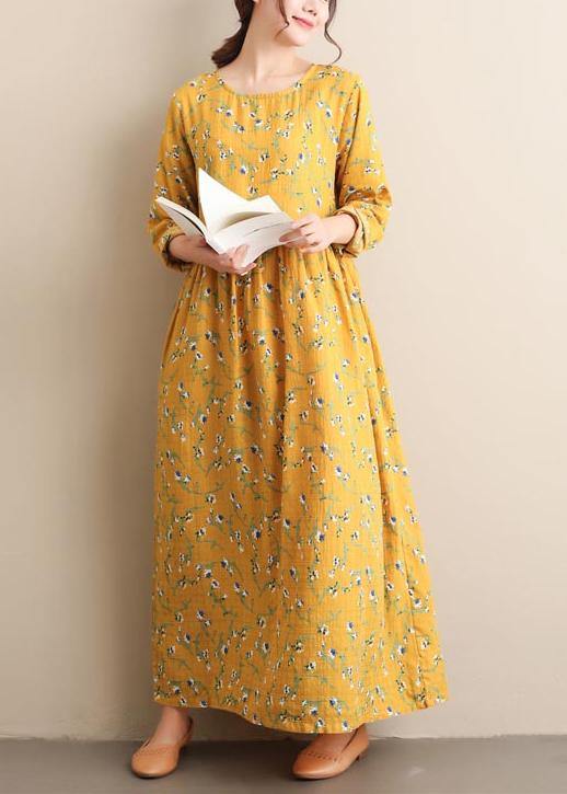 Women O Neck Cinched Dresses Yellow Print Robe Dress