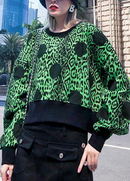 Chic green prints cotton clothes long sleeve o neck shirts