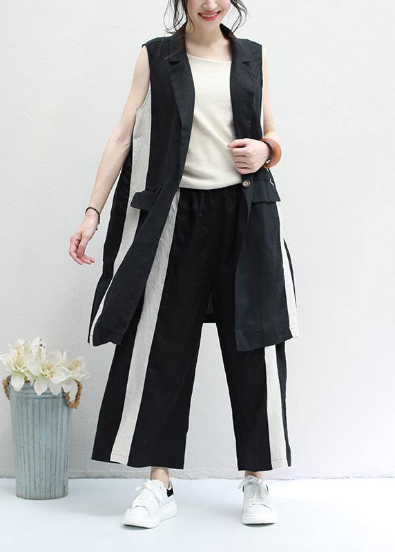 new black striped casual Vest and elastic waist wide leg pants