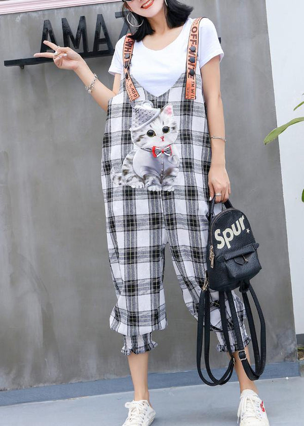 fashion women casual cotton plaid jumpsuit pants plus size cartoon print strap pants