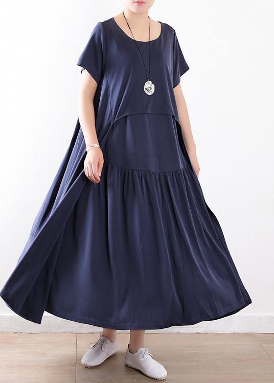 Beautiful patchwork Extra large hem silk clothes Fitted Neckline dull blue Maxi Dresses Summer