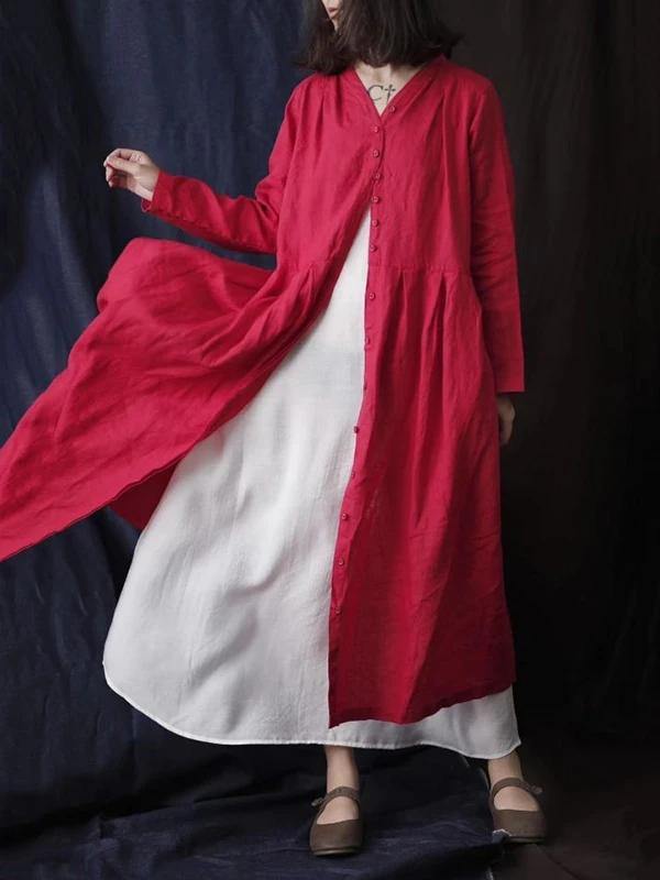 Simple v neck Button Down cotton linen spring dresses red long Dress