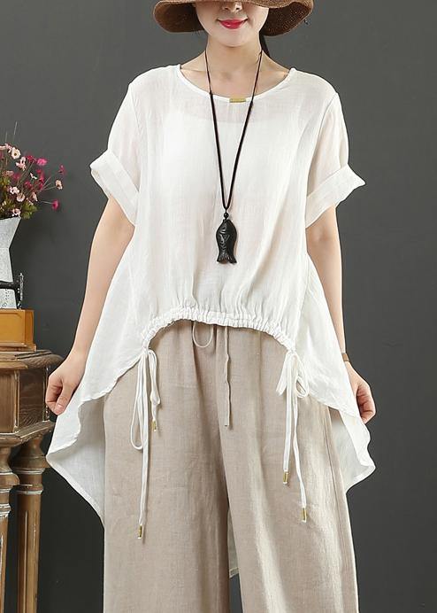 Handmade o neck drawstring linen summer Blouse Shape white shirts