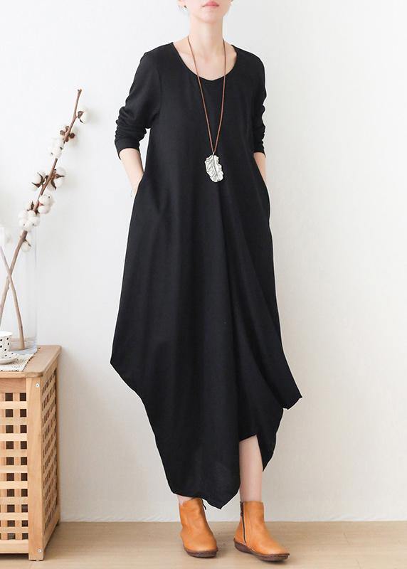 Elegant black clothes For Women o neck asymmetric Maxi fall Dresses